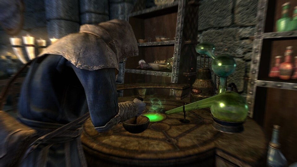 Bethesda hat die aus Oblivion bekannte Alchemie überarbeitet. Zwar kann man nach wie vor jede Menge Zutaten sammeln, von Blättern über Gallenblasen bis hin zu herumschwirrenden Libellen. Allerdings besitzt nun jeder Inhaltsstoff vier Eigenschaften, die man herausfindet, indem man ihn isst