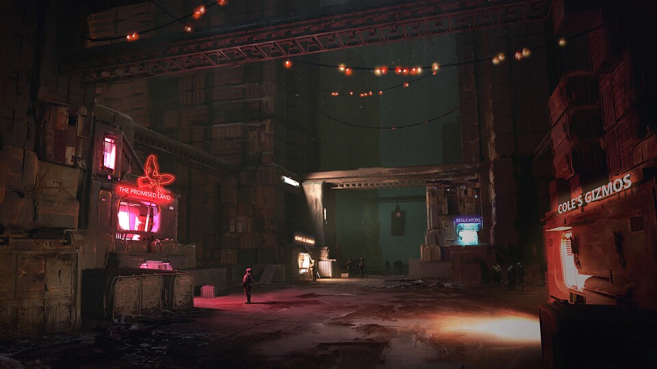 Düstere Umgebungen, leuchtende Neonschilder: Optisch erinnert The New World ein wenig an Blade Runner.