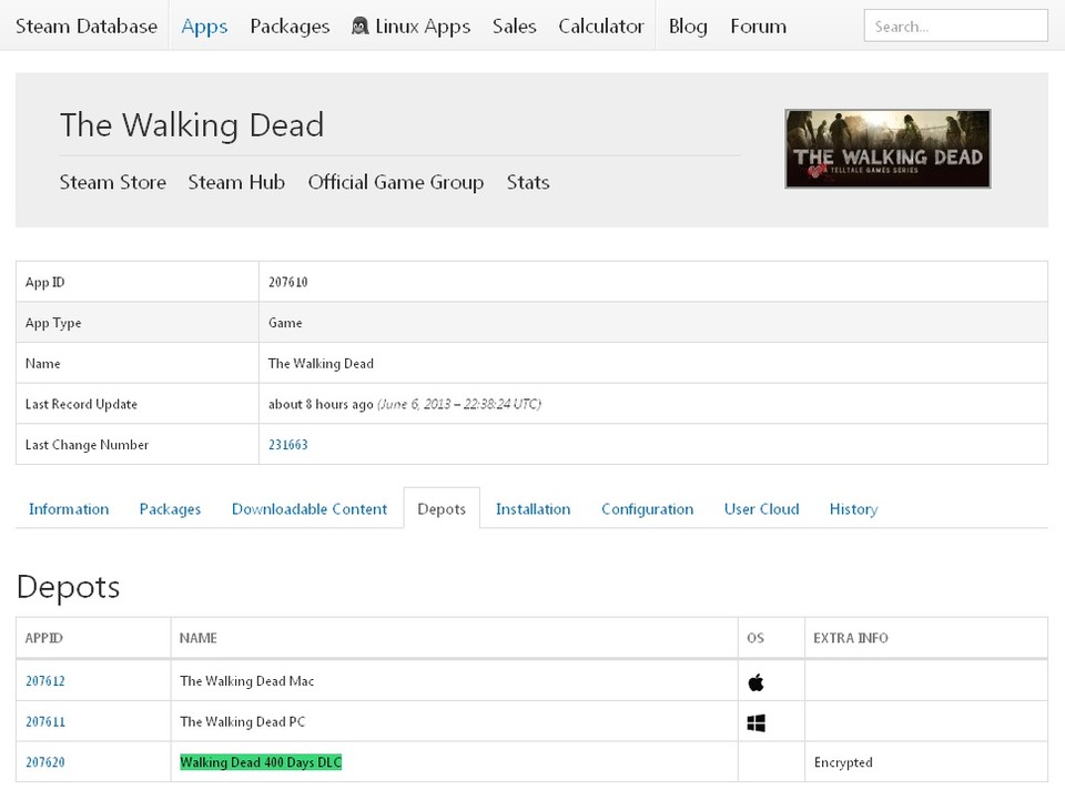 In diesem Auszug aus der Steam-Datenbank findet sich ein Eintrag zum 400-Days-DLC zu The Walking Dead: Season 1.