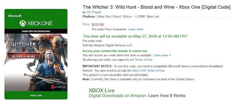 Diese Terminangabe für The Witcher 3 Blood and Wine war kurzzeitig bei Amazon.com zu sehen.