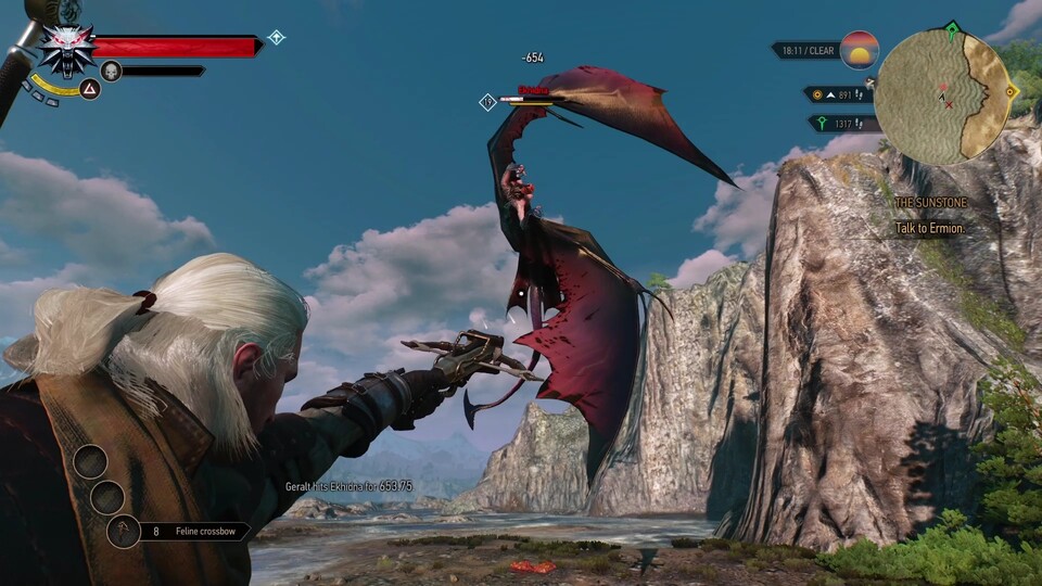 Mit der Armbrust holt Geralt geflügelte Gegner vom Himmel.