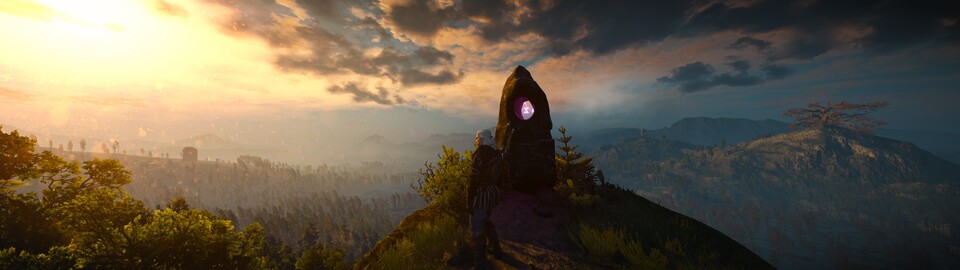 An »Orten der Macht« kann Geralt meditieren, um seine Zauberzeichen zu stärken. Hier geht links gerade die Sonne auf, während rechts ein Gewitter heraufzieht.