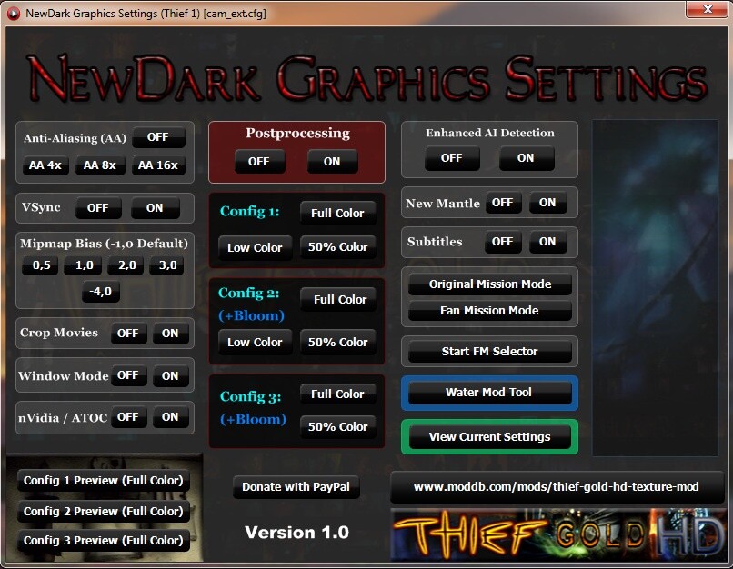 Das neue Grafik-Menü der Thief Gold HD Texture Mod in Version 1.0 lässt viele Änderungen zu.