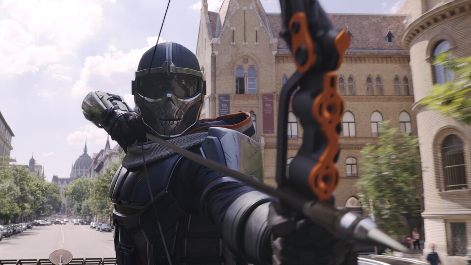 Taskmaster can also take a copy of Hawkeye. (Image: Disney)