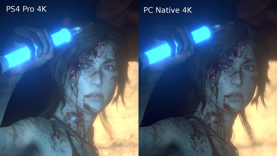 Was sieht besser aus? Rise of Tomb Raider einmal auf der PS4 Pro und rechts ein 4K-Screenshot der PC-Version.