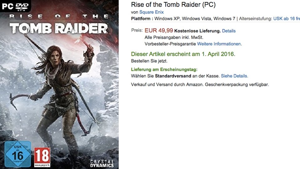 Hoffentlich kein April-Scherz: das neue Tomb Raider für den PC erscheint laut Amazon am 1. April 2016. 