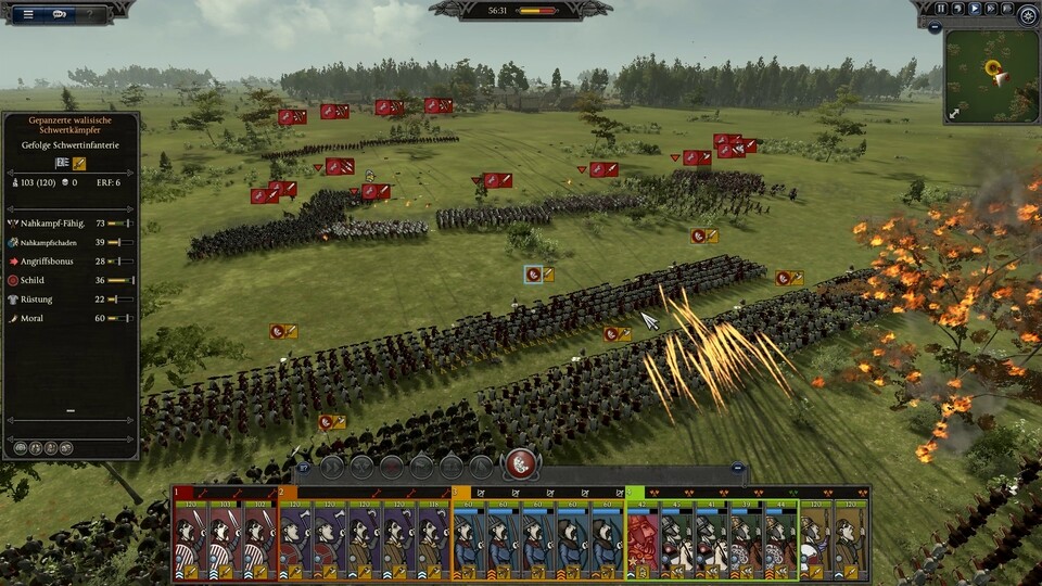 Klassische Feldschlacht: Der Feind attackiert unsere Linien, wir decken ihn mit Feuerpfeilen ein. 