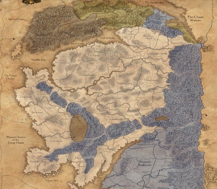 Das ist die Karte von Total War: Warhammer. Schwarz und Grün sind die nicht einnehmbaren Gebiete von Norsca. Blau sind Siedlungsgebiete von Orks und Zwerge (Ödland und Berge). Weiße Territorien können von allen anderen Völkern erobert werden. Vernichten kann jede Fraktion alles, erobert und besiedelt werden aber nur die dafür vorgesehen Gebiete. Ganz offensichtlich sind der tief ins Imperium ragende blaue Arm im Nordwesten und die abgeschnittenen Gebiete von Estalia und Tilea für ständige Konflikte wie geschaffen, zur Ruhe wird wohl keine Fraktion zu keinem Zeitpunkt kommen.
