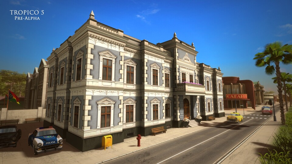 Je nach Zeitepoche haben die Gebäude in Tropico 5 einen eigenen Look. Bei einer Zeitenwende wird allerdings nicht einfach ein neues Aussehen aufgeklatscht - die alten Gebäude bleiben. So ergibt sich ein vielfältiger, differenzierter Look.