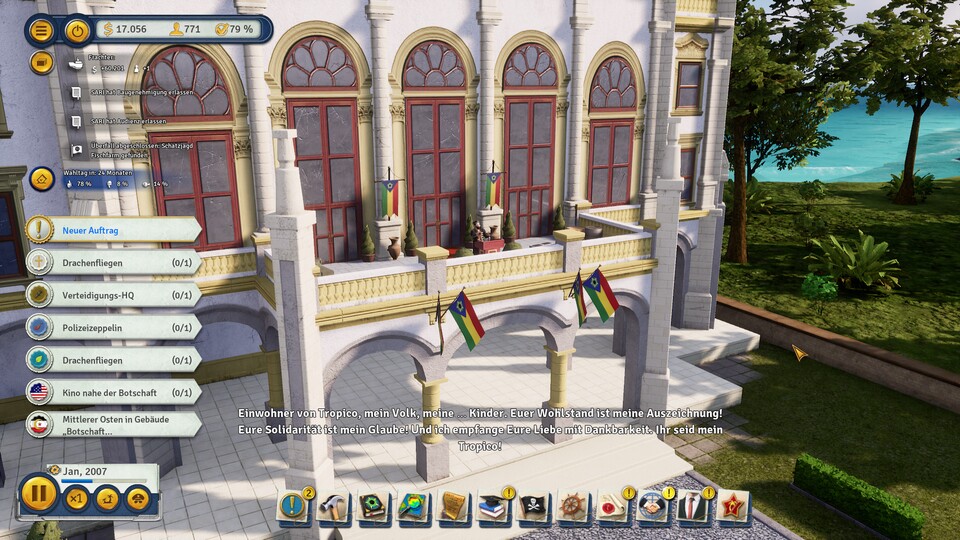 Schönes altes neues Feature: Vom Balkon seines Palasts hält El Presidente eine Wahlrede. 