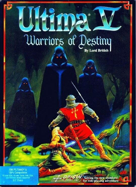 Ultima 5: Warriors of Destiny - Erscheinungsjahr: 1988 - Publisher: Origin - Designer: Richard Garriott - Beilagen: 54 Seiten Hintergrundbuch, Logbuch über Lord Britishs Expedition, Kodexmünze, Stoffkarte, Referenzkarte 