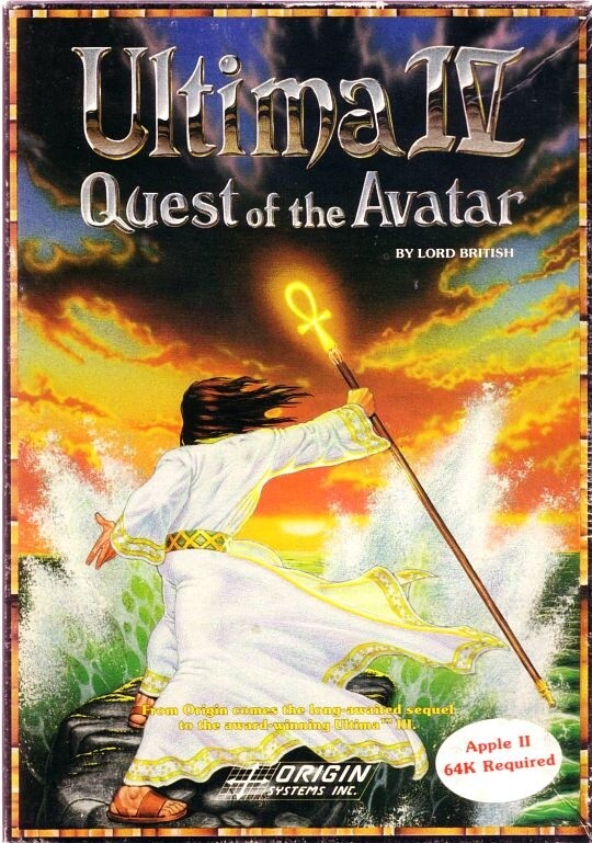 Ultima 4: Quest for the Avatar - Erscheinungsjahr: 1985 - Publisher: Origin - Designer: Richard Garriott - Beilagen: 36 Seiten Britannia-Handbuch, 61 Seiten Magiebuch, Stoffkarte, Ankh-Amulett 