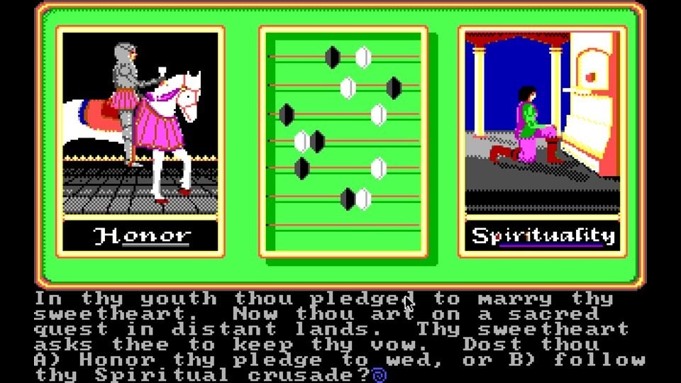 Statt einer klassischen Charaktererschaffung beantworten wir bei Ultima 4 ethische Dilemmas in Tarot-Form.