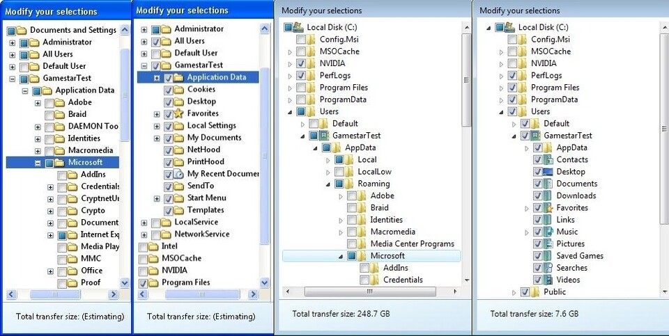 Von rechts nach links: Standard und richtige Auswahl der zu sichernden Verzeichnisse unter XP und Vista.