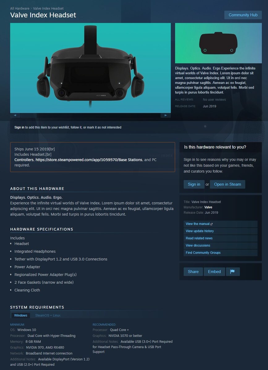 Die Valve Index VR-Brille tauchte kurz im Steam-Shop auf, die Seite ist aber zumindest aus Deutschland nicht (mehr) erreichbar. (Bildquelle: TheVerge.com)
