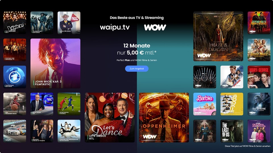 Lasst euch von der Vielfalt des WOW Streaming-Dienst Pakets von Waipu.tv begeistern und erlebt erstklassige Unterhaltung zu einem Preis von 5€!