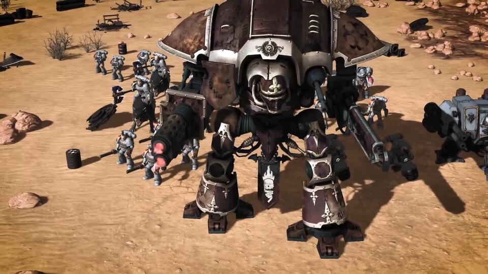 In Warhammer 40.000: Sanctus Reach kämpfen Space Marines mit großen Imperial Knights gegen Orkhorden.