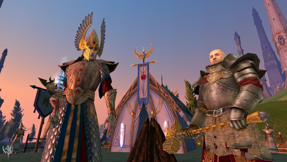 Ein Schwertmeister der Hochelfen und ein menschlicher Sigmarpriester stehen vor einem Lager der Spitzohren.