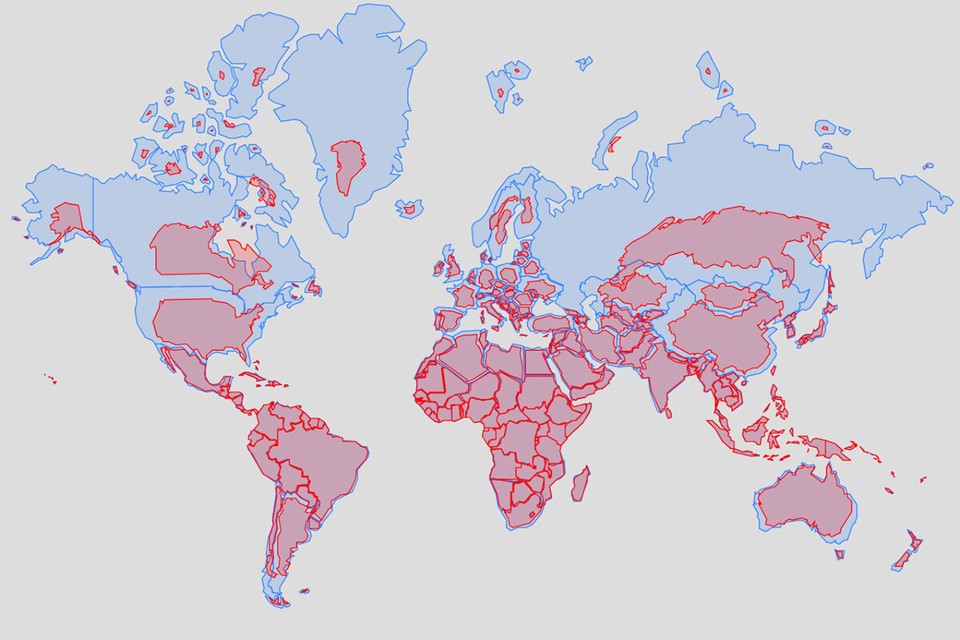 Die Weltkarte, so wie wir sie kennen inklusive der realen Darstellung der einzelnen Länder in Rot.