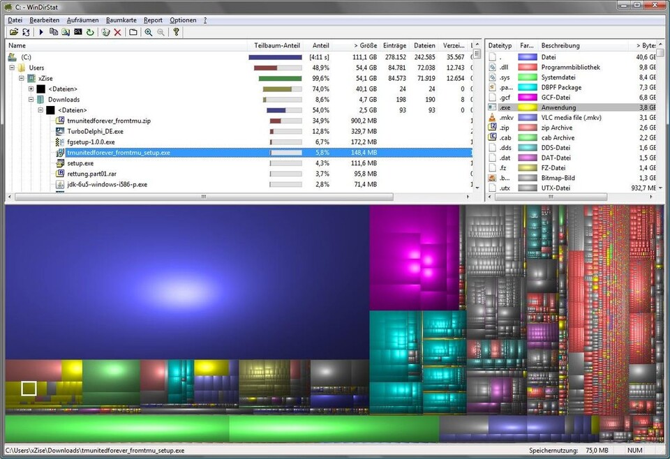 WinDirStat gibt eine gute Übersicht über die Festplattenstruktur und die Größe von zusammenhängenden Dateien, Ordnern oder Archiven.