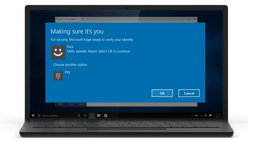 Mit passender Hardware können Sie sich in Zukunft auch in Apps und dem Browser Edge per Biometrie statt per Passwort oder PIN anmelden.