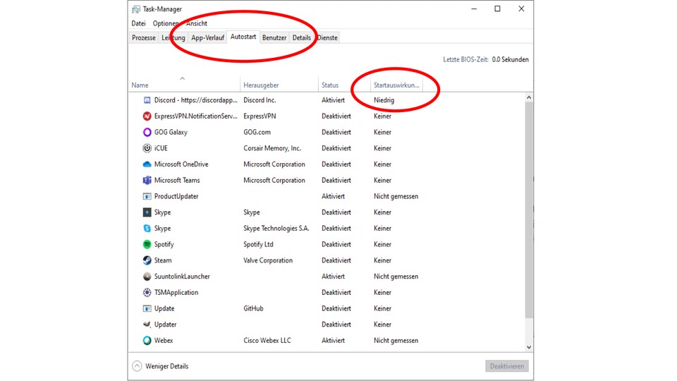 Der Windows 10 Taskmanager zeigt euch an, welche Auswirkungen der Autostart auf den Start von Windows haben kann.