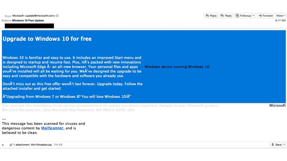Betrügerische E-Mails versuchen, das Interesse an Windows 10 zur Verbreitung von Schadsoftware zu nutzen (Bildquelle: Cisco)