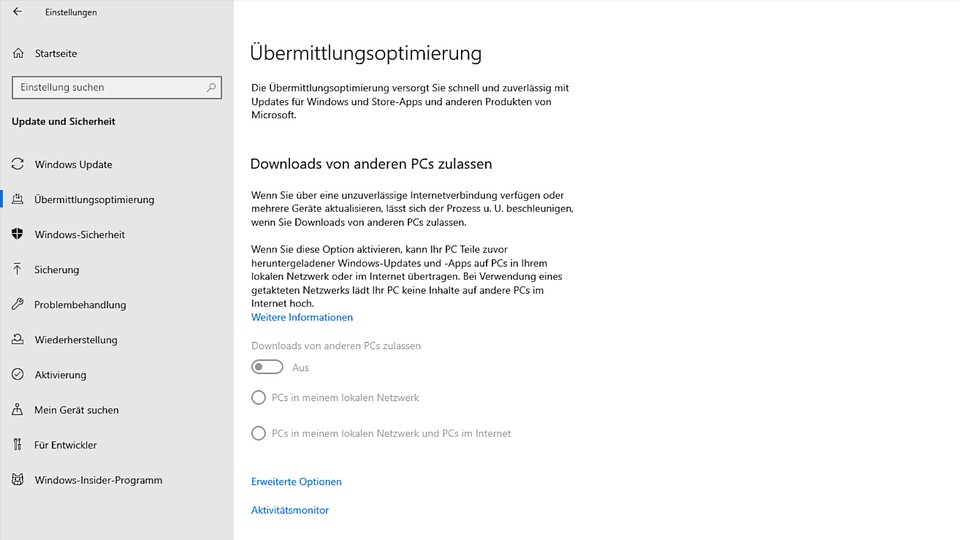 Ein simpler Klick reicht aus, damit Windows 10 keine Updates mehr mit anderen Rechnern teilt.