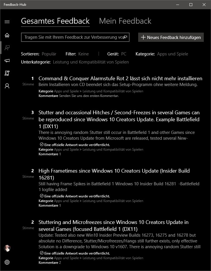 Windows 10 Feedback Hub Gaming