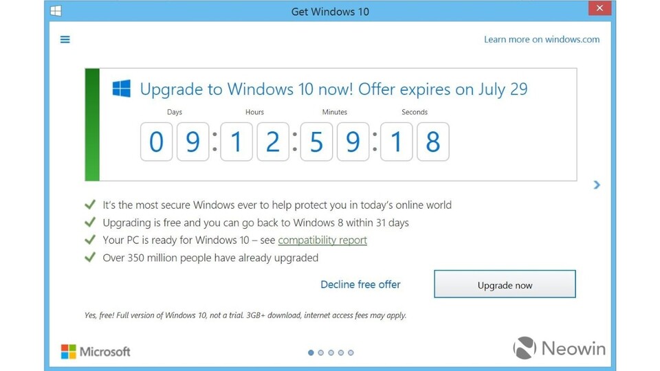 Die GWX-App für Windows 7 und Windows 8.1 zeigt nun einen Countdown an. (Bildquelle: Neowin)