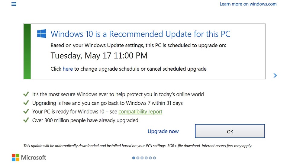 Das Windows 10 Upgrade plant gleich selbständig einen Termin für die Installation.