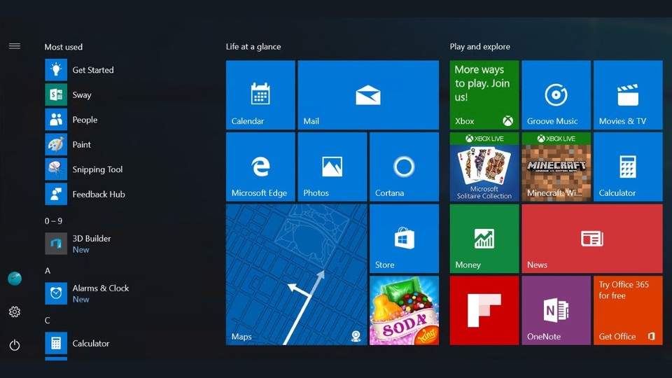 So könnte das angepasste Startmenü von Windows 10 im Anniversary Update aussehen, das kostenlos im Sommer 2016 erscheinen wird.