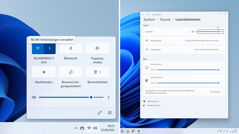 Netzwerk und Lautstärkemixer unter Windows 11
