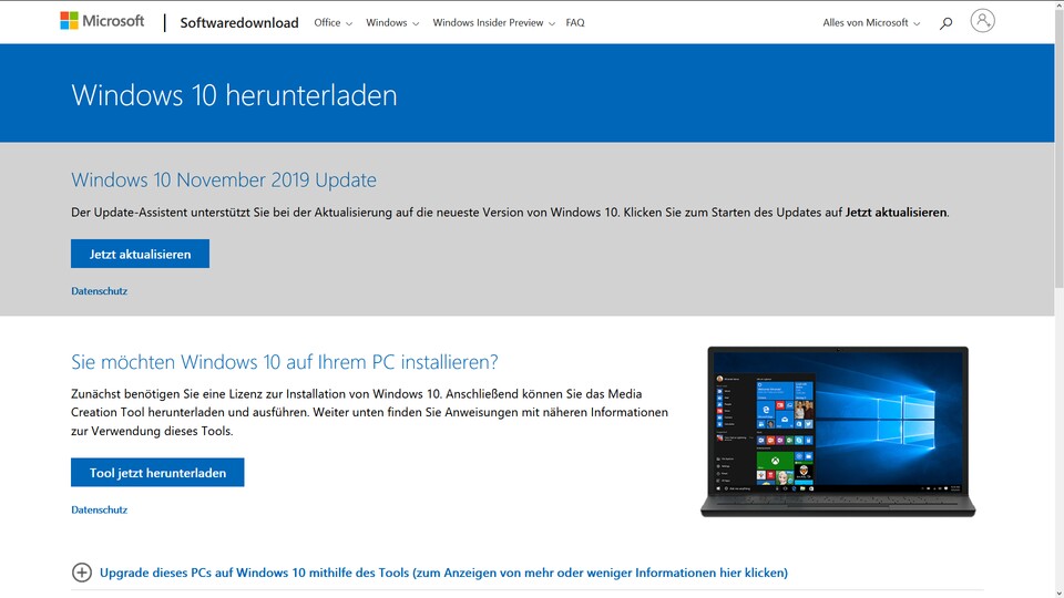 Microsoft bietet auf der eigenen Homepage den Download von Windows 10 an.