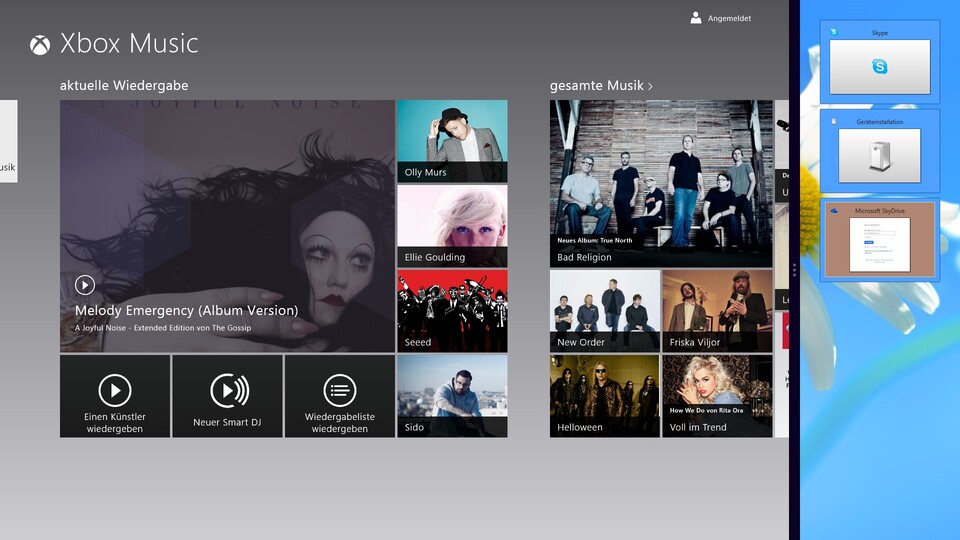 Die neue Windows-8-Benutzeroberfläche ermöglicht es, Apps nur in einem schmalen Streifen am Bildschirmrand darzustellen. So haben wir mit der Tastenkombination WINDOWS + Punkt(.) den Desktop (oder die Desktop-App) vorübergehend an den rechten Bildschirmrand geheftet, um in der Musik-App ein neues Album zu wählen.