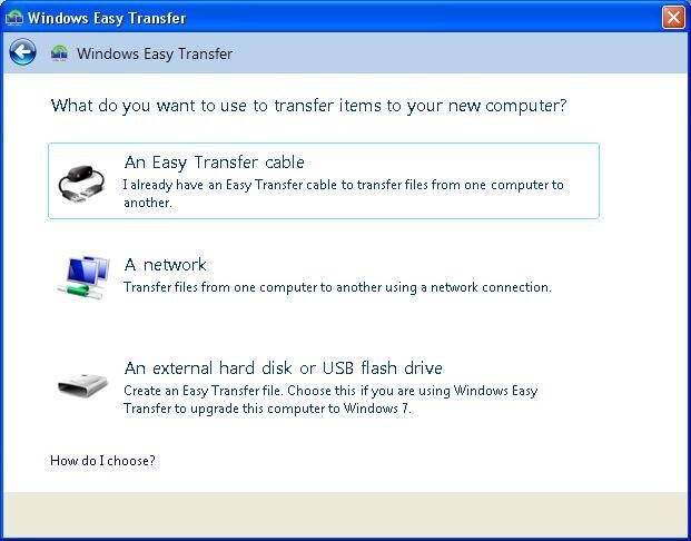 Windows Easy Transfer Übertragungsoptionen