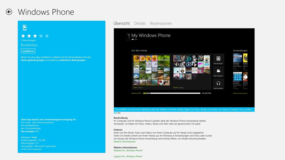 Die App für Windows 8 gibts schon, fehlen nur noch die Windows 8 Phone-Geräte – und ein wesentlich größerer Hinweis, dass die App nicht mit Windows Phone 7 zusammenarbeitet.