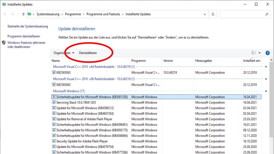 Ihr könnt Updates unter Windows 10 auch manuell deinstallieren.