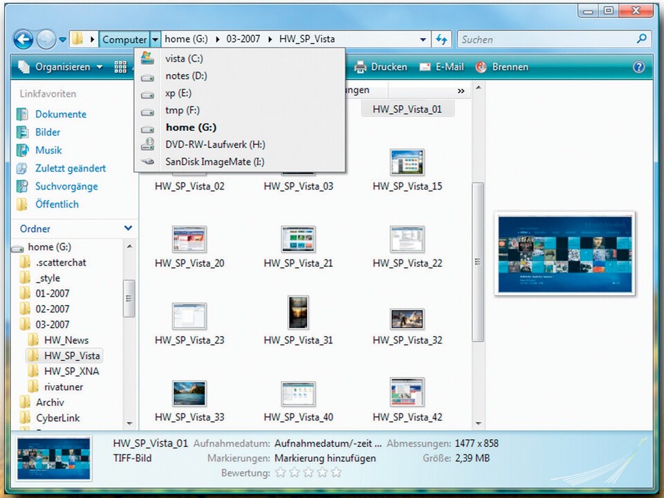 Den Windows Explorer hat Microsoft mächtig überarbeitet. Symbole lassen sich nun stufenlos vergrößern und über die Adressleiste springen Sie beispielsweise direkt in untergeordnete Verzeichnisse. Das Navigationsfenster links hilft mit Verweisen auf häufig besuchte Orte.