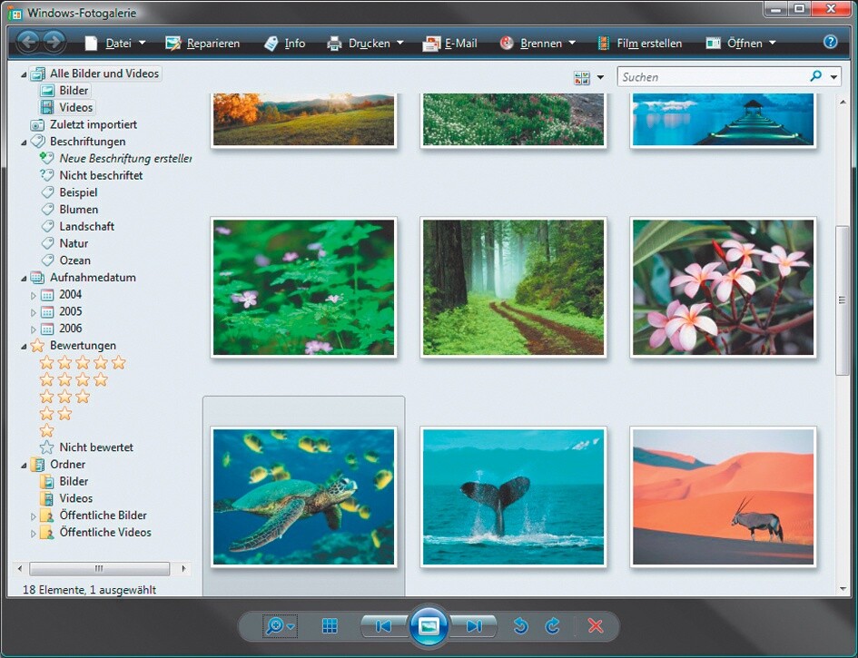 Die Fotogalerie organisiert Bilder übersichtlich und zeigt sie im Gegensatz zur Bildanzeige von XP auch schnell an.