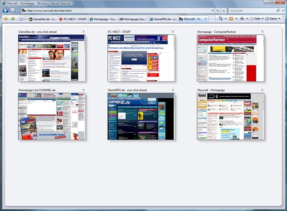 Der Internet Explorer 7 beherrscht nun auch Tabbed Browsing und ordnet auf Mausklick alle geöffneten Seiten nebeneinander an.