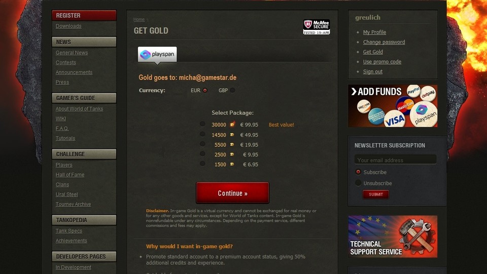 Auf der World of Tanks-Homepage kaufen wir Gold.