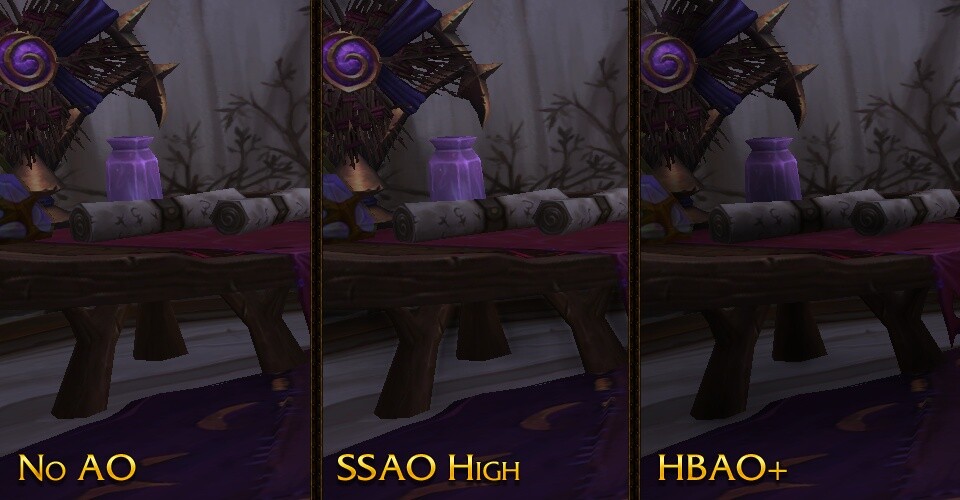 World of Warcraft erhält mit Patch 6.1 einige Grafik-Verbesserungen. Dieses Vergleichsbild zeigt eine nicht vorhandene SSAO, die momentane SSAO-Einstellung »hoch« und die neue Nvidia HBAO+. 