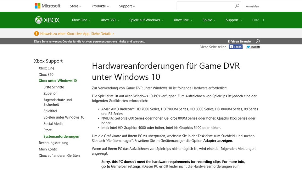 Um Spielszenen mit der Xbox App aufzeichnen zu können, benötigen Sie eine halbwegs aktuelle Grafikkarte.