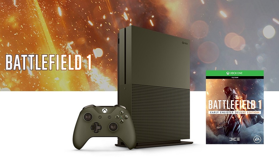 Das Xbox One S Battlefield 1 Special Edition Bundle besteht aus einer militärisch anmutenden Konsole sowie dem Spiel in der Early Enlister Deluxe Edition.