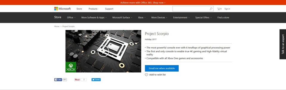 Die Xbox One Scorpio hat jetzt eine eigene Produktseite im Microsoft-Store. Neue Details finden sich dort aber (noch) nicht.