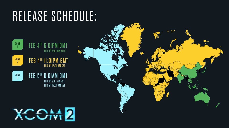 Das sind die Freischaltzeiten für den Release von XCOM 2. Für Europa geht es direkt in der Nacht auf den 5. Februar 2016 los.