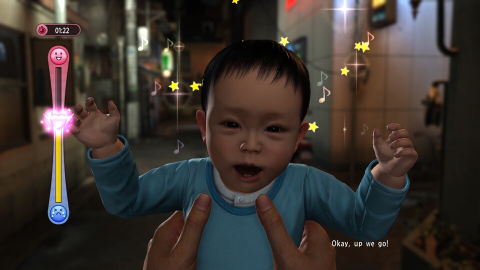 Ja, wirklich! Im Rahmen so genannter »Trouble Missions« muss Kazuma ein weinendes Baby beruhigen. Dazu schwingt er es hin und her oder hebt es hoch in die Luft.