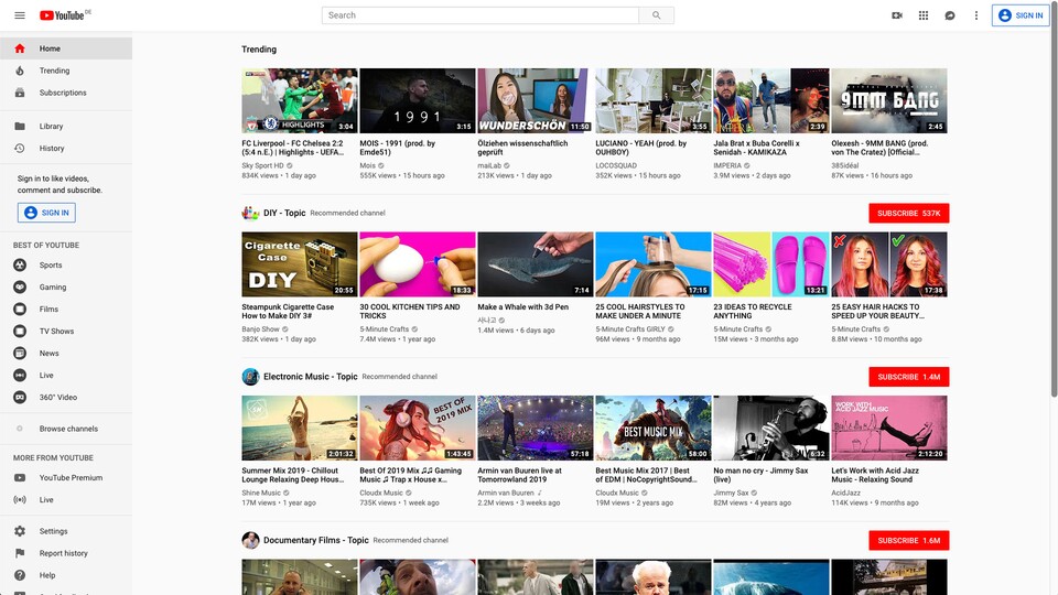 Das derzeitige YouTube-Design zeigt deutlich mehr Videocontent auf einer Seite an.