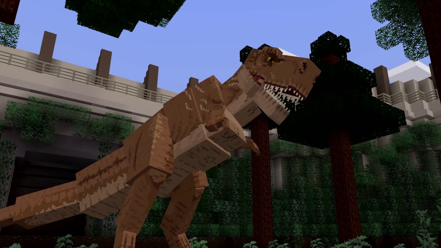 Im Jurassic-World-DLC für Minecraft geht ihr auf Expedition und zähmt Dinos